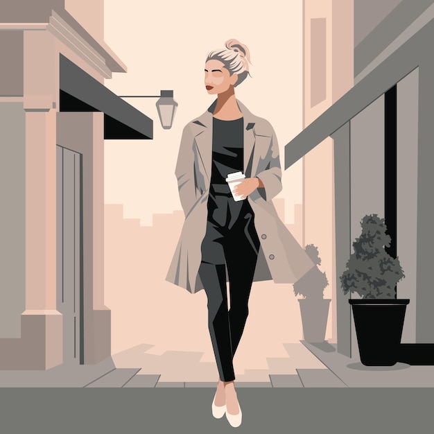 Vector blonde woman in a stylish coat walks around the city with a glass of coffee in her hand
