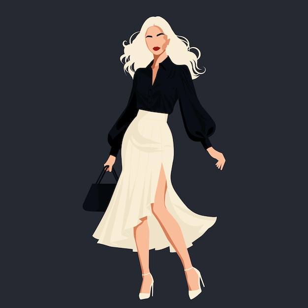Vector blonde woman wearing an elegant black blouse and white skirt with a high waist and a slit on the leg