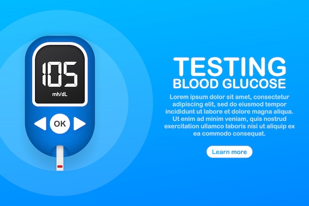 Blood glucose meter level test. Diabetes glucometer. Abstract concept graphic web banner element.