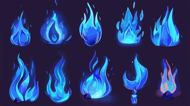 Vector blue burning fire flame stickers