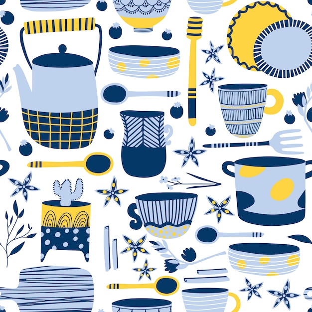 Vector blue ceramics seamless pattern