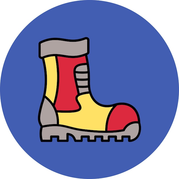 a blue circle with a yellow and red boot on it