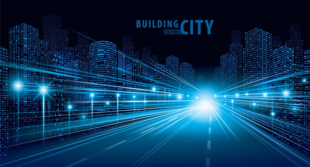 Blue light trails on the road and modern building vector