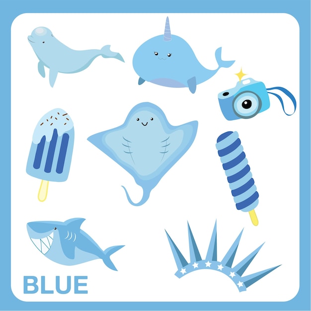 Blue objects worksheet for children. Education about color. Vector illustration file.