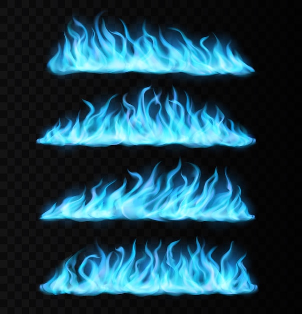 Vector blue realistic fire trails, magic flames borders