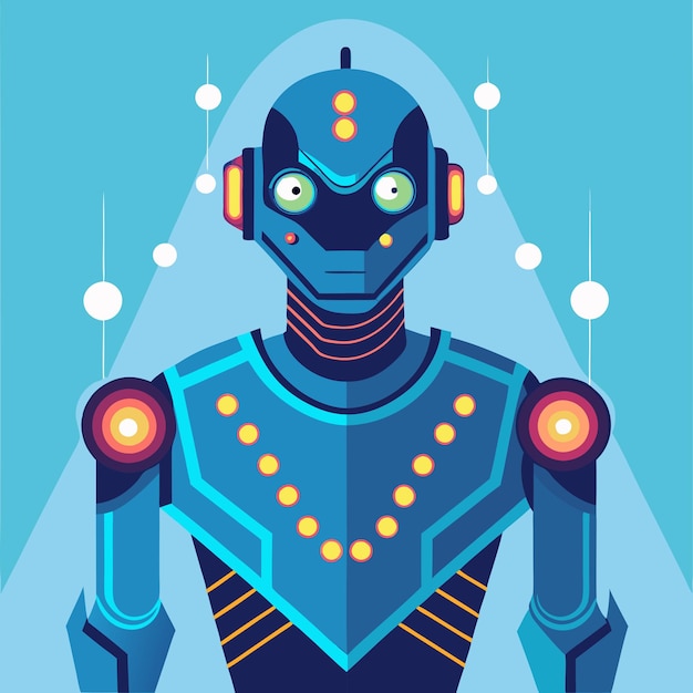 Vector a blue robot with yellow eyes and a blue background with the words robot on it