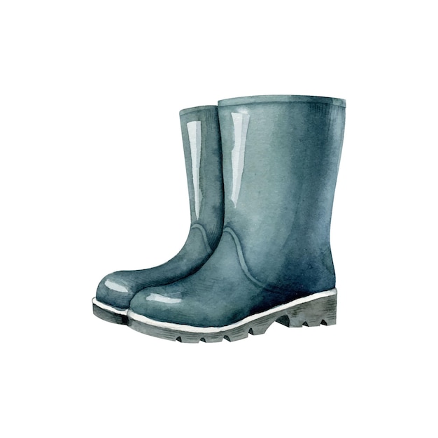 Blue rubber boots isolated on white background Watercolor illustration handmade clipart