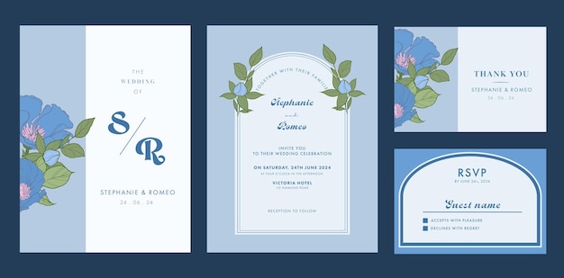 Vector a blue and white invitation for a wedding