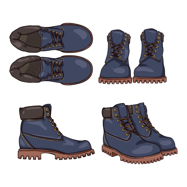 Vector blue work boots vector set of cartoon shoes