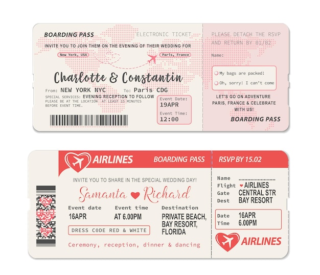 Vector boarding pass ticket. wedding invitation template with airplane drawing heart on world map during flight. wedding ceremony invitation layout as airline travel ticket with rsvp perforated section