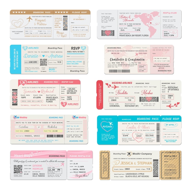 Vector boarding pass ticket wedding invitation templates