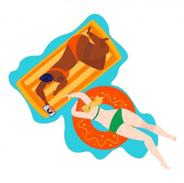 Body positive beach woman in swimsuits, sea summer plus size fat caucasian and black skinned girls isolated on white flat   illustration.