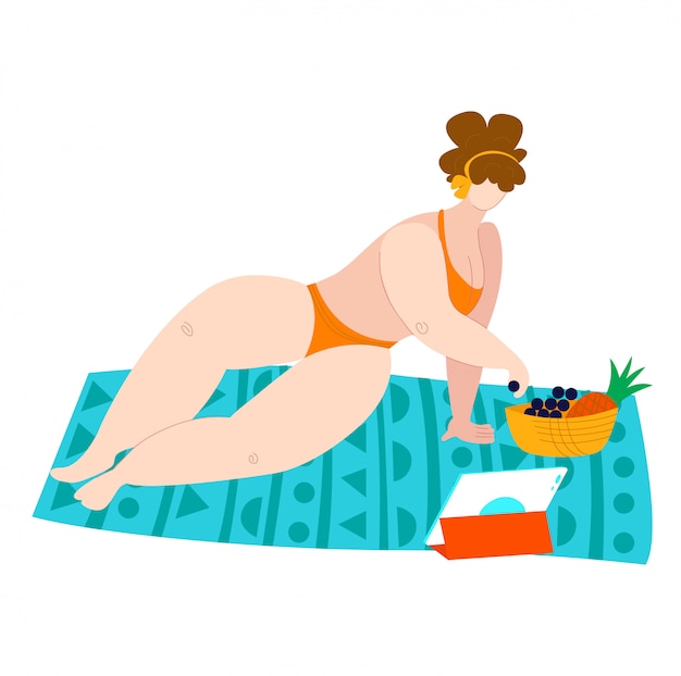 Body positive beach woman in swimsuits, sea summer plus size fat caucasian lady eats fruits isolated on white flat   illustration.