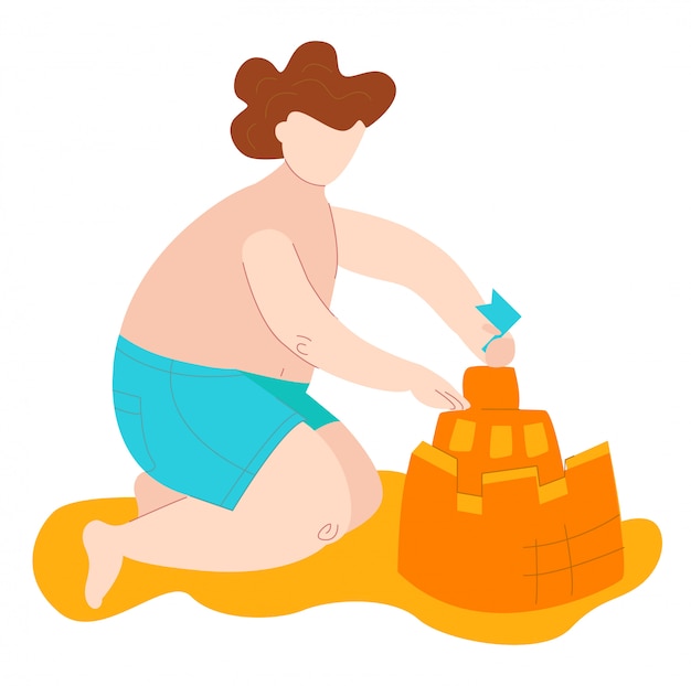 Body positive fat kid in swimsuits on sea builds sand castel, plus size caucasian chid isolated on white flat   illustration.