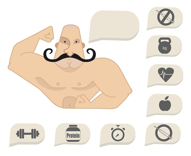 Bodybuilder torso with speech bubbles. Dumbbell protein timer, steroids, food, heart rate, kettlebell, stop steroids. Mustached