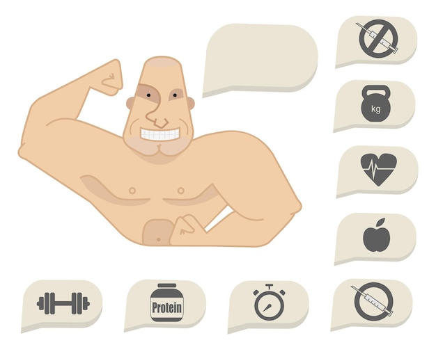 Bodybuilder torso with speech bubbles. Dumbbell, protein, timer, steroids, food, heart rate, kettlebell, stop steroids. Web site trainer. Happy face