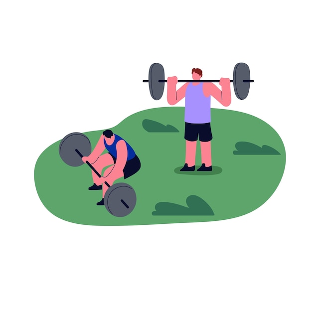 Bodybuilders at outdoor workout Strong men training body strength with heavy barbells in park People during weight lifting bodybuilding Flat vector illustration isolated on white background