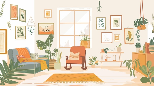 Vector bohemian hand drawn interior living room with flowers