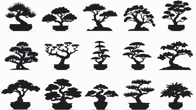 Vector bonsai tree black vector silhouettes collection for design projects