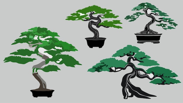 Vector bonsai trees with a black and white background