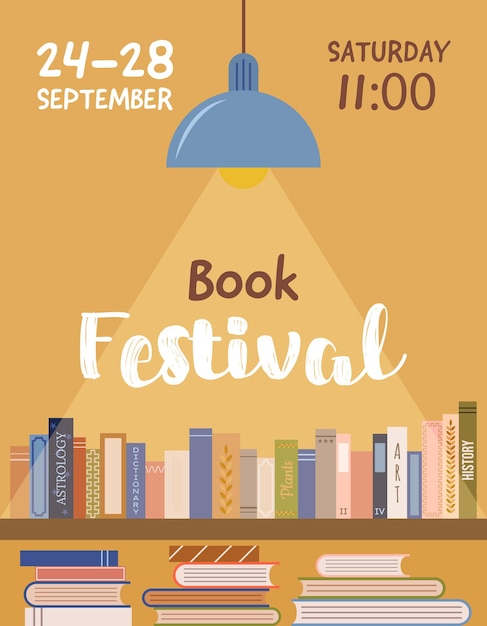 Vector book fair or festival vertical poster for advertising promo invitation sale shelf with books