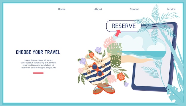 Booking online flights and hotels travel places reservation web banner with vacation supplies next to mobile phone Traveling and summer vacation flat vector illustration webpage template