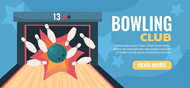 Bowling club advertising poster Skittles and ball at wooden road Active lifestyle and sports Entertainment and fun leisure Template layout and mock up Cartoon flat vector illustration