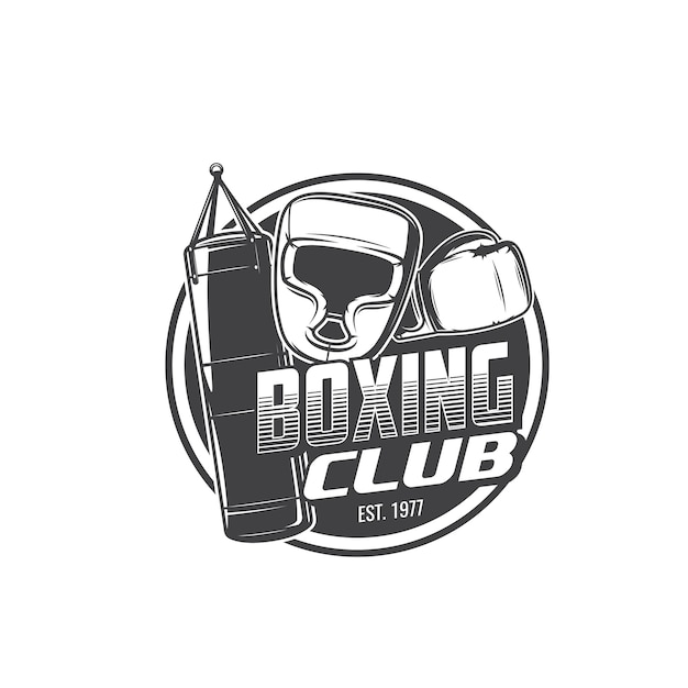 Boxing sport isolated icon with boxer gloves, helmet and punching bag