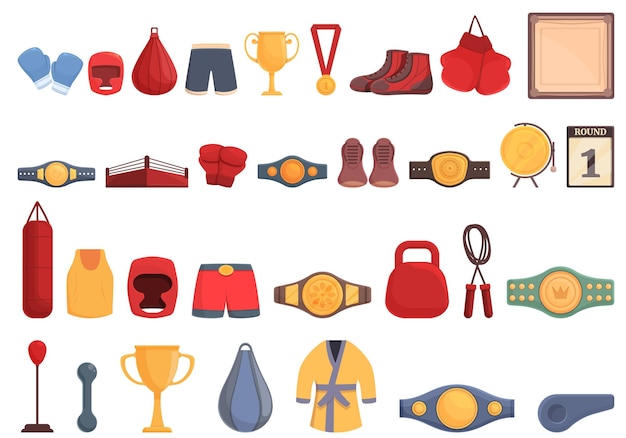 Boxing tournament icons set cartoon vector Battle academy