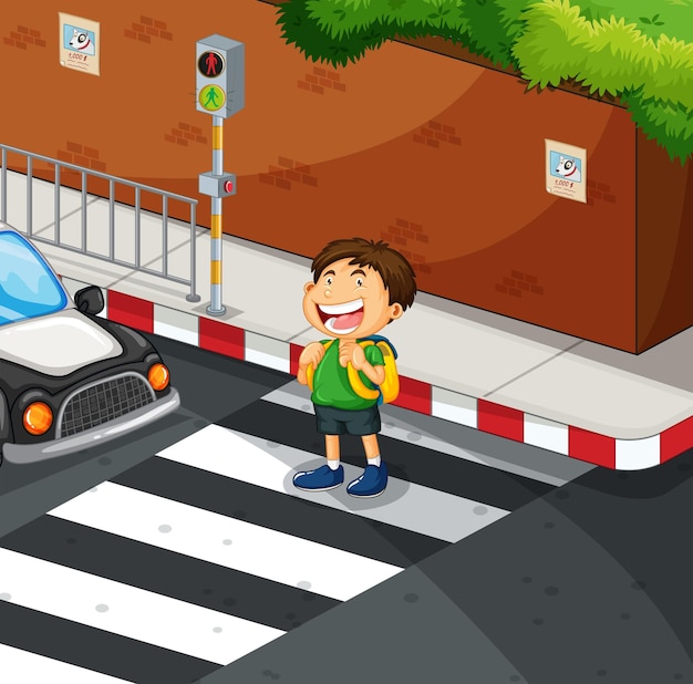Boy crossing the road at zebra crossing