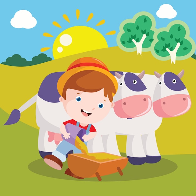 Vector boy feed cow cartoon illustration