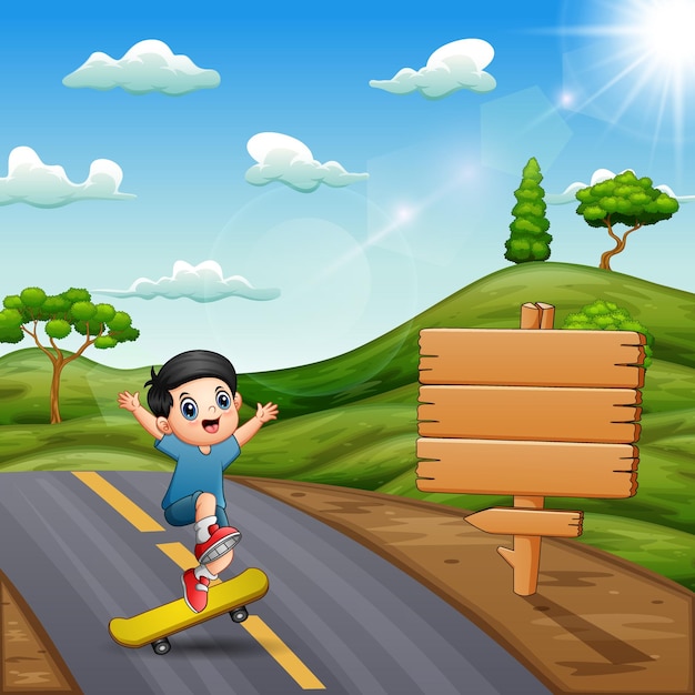 Boy having fun riding a skateboard on the road