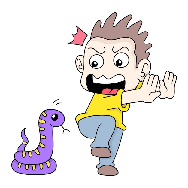 Boy is shocked and scared to meet a poisonous snake, vector illustration art. doodle icon image kawaii.