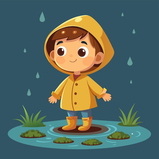 Vector a boy in a raincoat stands in a puddle with a puddle of water