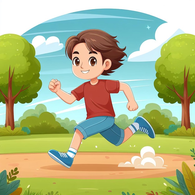 a boy running in a park with trees and a blue sky