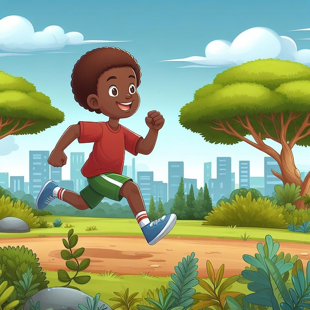 a boy running in a park with trees and a city in the background