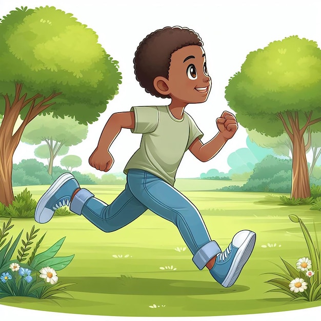 a boy running in a park with trees and grass