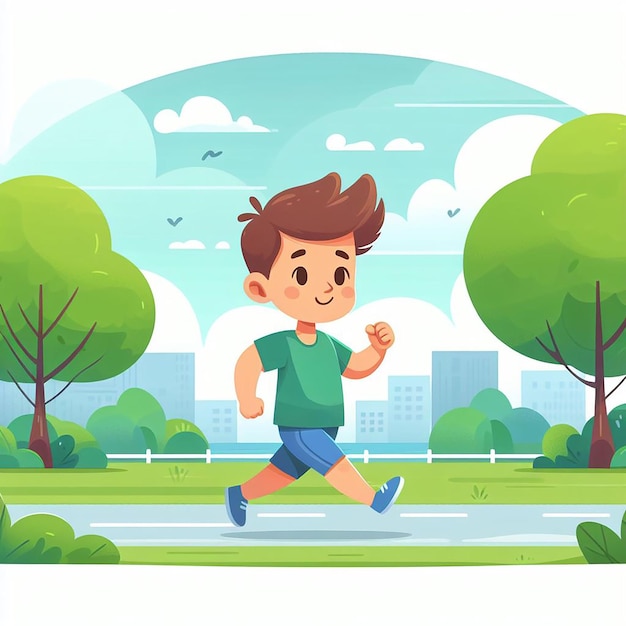 a boy running in a park with trees and a sign that says quot running quot