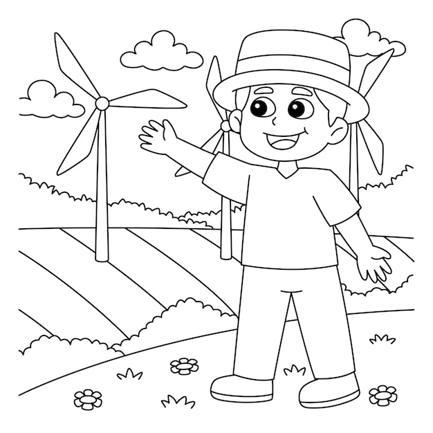 Boy Showing a Windmill Coloring Page for Kids