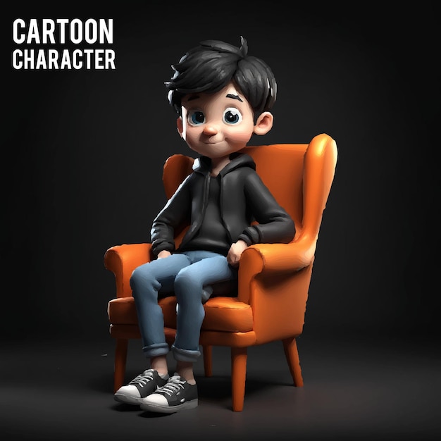 Vector boy sitting on chair and cartoon character with black background