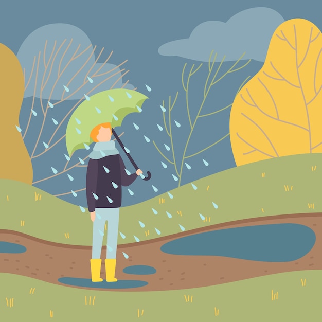 Vector boy walking in rain under umbrella teen boy standing on autumn season background vector illustration in flat style