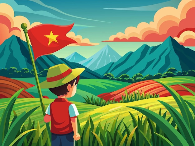 Vector boy with flag in a mountain landscape