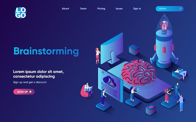 Brainstorming concept isometric landing page Team generate new ideas collaborate creative