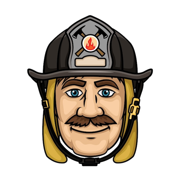 Brave firefighter in cartoon style with smiling mustached fireman in protective hood and black helmet