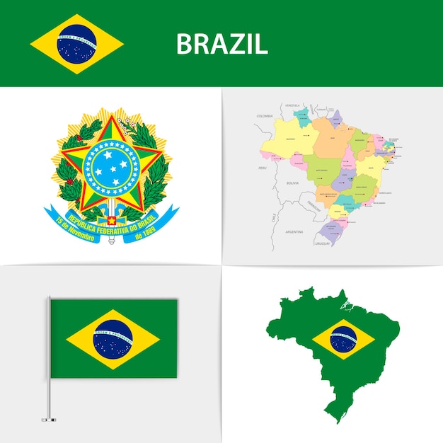 Brazil flag map and coat of arms