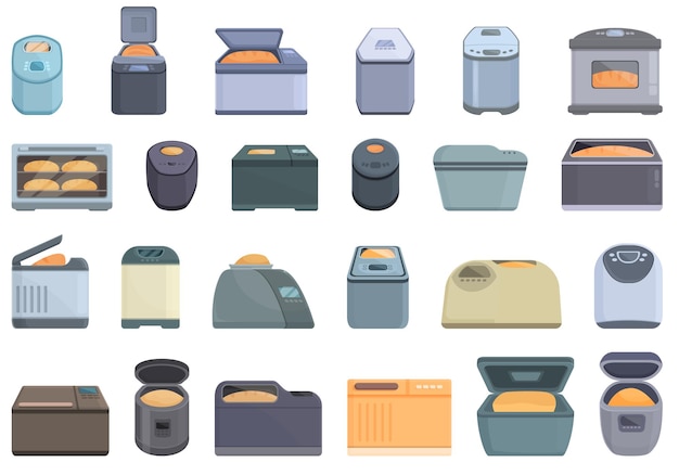 Bread maker icons set cartoon vector Electric kitchen