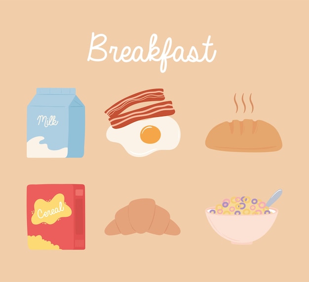 Breakfast icons set, milk egg bacon bread cereal milk and croissant illustration