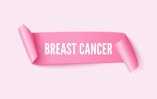 Breast cancer inscription on pink ribbon 3d vector illustration. Realistic awareness pink ribbon with scroll edges. Female hope and oncological disease solidarity symbol isolated design element