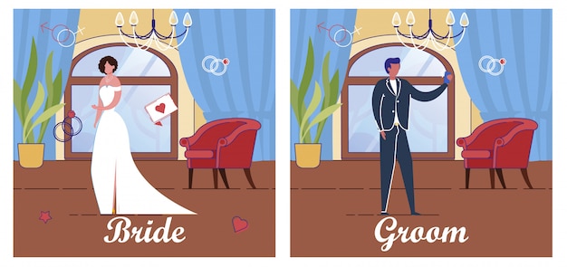 Vector bride and groom in wedding party dress and suit.