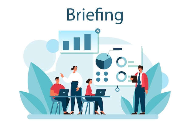 Briefing concept Business people in front of coworkers with a relevant information Presenting business plan or analytical report Flat vector illustration